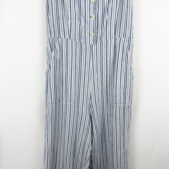 Old Navy Linen Cropped Jumpsuit Smocked Back Blue Stripe Boho Lagenlook - Picture 4 of 16